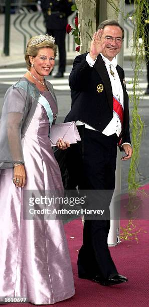 King Constantine of Greece and Queen Anne Marie attend the wedding of Norwegian Crown Prince Haakon and Mette-Marit Tjessem Hoiby August 25, 2001 at...