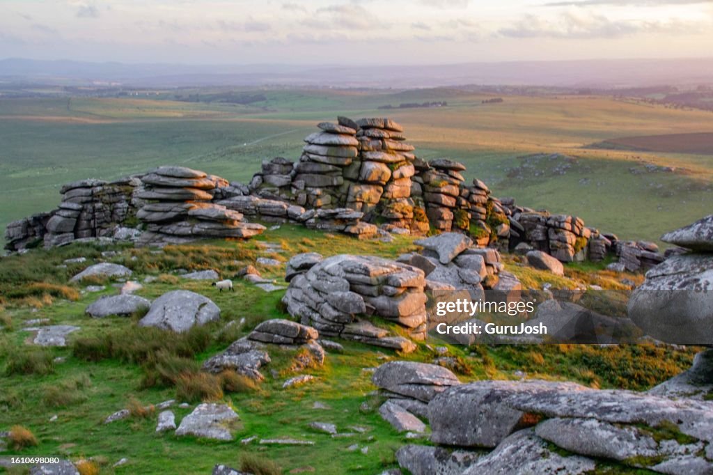Rough Tor rock formations at dusk, Bodmin Moor. Cornwall, UK