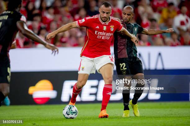 Arthur Cabral of Benfica, Leo Cordeiro of Estreia da Amadora during the Portugese Primeira Liga match between Benfica v Estrela Amadora at the...