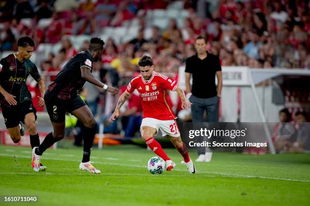 Johnstone Omurwa of Estreia da Amadora, Rafa Silva of Benfica during the Portugese Primeira Liga match between Benfica v Estrela Amadora at the...