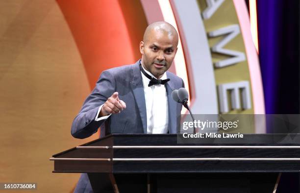 Inductee Tony Parker speaks during the 2023 Naismith Basketball Hall of Fame Induction at Symphony Hall on August 12, 2023 in Springfield,...