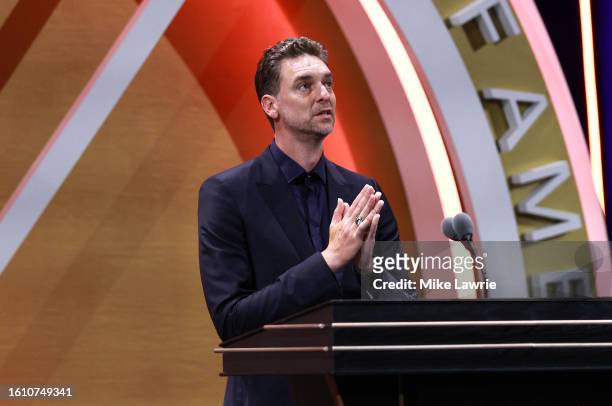 Inductee Pau Gasol speaks during the 2023 Naismith Basketball Hall of Fame Induction at Symphony Hall on August 12, 2023 in Springfield,...