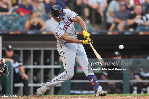 Oscar Gonzalez of the Cleveland Guardians at bat against the Chicago White Sox at Guaranteed Rate Field on July 28, 2023 in Chicago, Illinois.