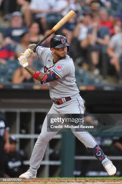 Gabriel Arias of the Cleveland Guardians at bat against the Chicago White Sox at Guaranteed Rate Field on July 28, 2023 in Chicago, Illinois.