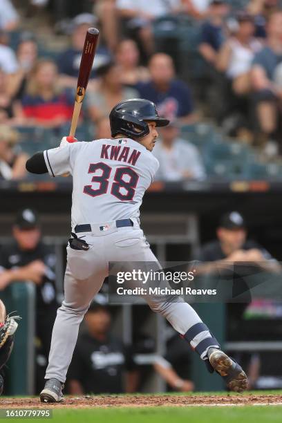 Steven Kwan of the Cleveland Guardians at bat against the Chicago White Sox at Guaranteed Rate Field on July 28, 2023 in Chicago, Illinois.