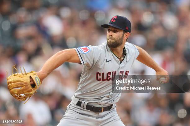 Daniel Norris of the Cleveland Guardians delivers a pitch against the Chicago White Sox at Guaranteed Rate Field on July 28, 2023 in Chicago,...