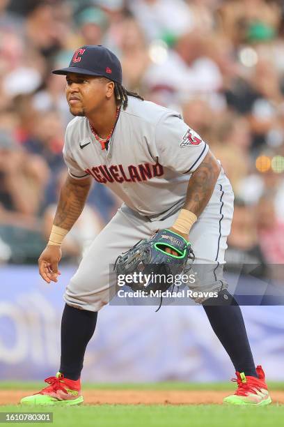 Jose Ramirez of the Cleveland Guardians in action against the Chicago White Sox at Guaranteed Rate Field on July 28, 2023 in Chicago, Illinois.