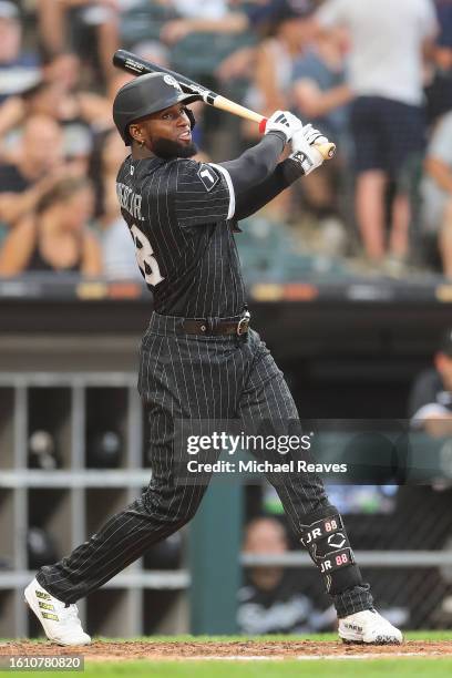 Luis Robert Jr. #88 of the Chicago White Sox at bat against the Cleveland Guardians at Guaranteed Rate Field on July 28, 2023 in Chicago, Illinois.