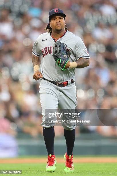 Jose Ramirez of the Cleveland Guardians looks on against the Chicago White Sox at Guaranteed Rate Field on July 28, 2023 in Chicago, Illinois.