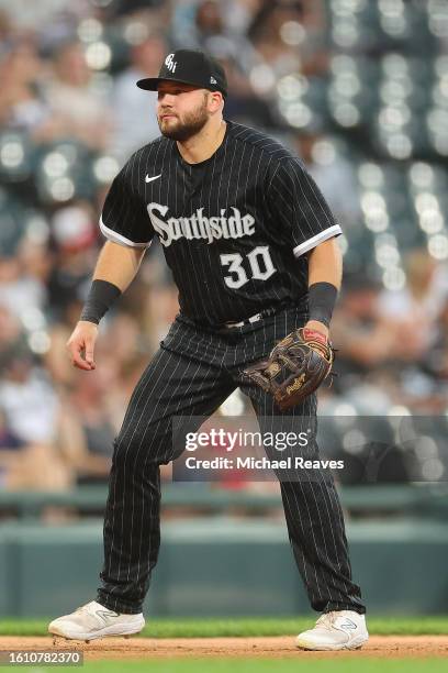 Jake Burger of the Chicago White Sox in action against the Cleveland Guardians at Guaranteed Rate Field on July 28, 2023 in Chicago, Illinois.