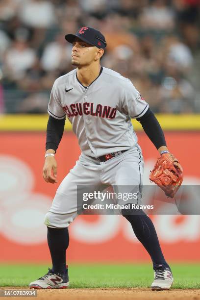 Andres Gimenez of the Cleveland Guardians in action against the Chicago White Sox at Guaranteed Rate Field on July 28, 2023 in Chicago, Illinois.