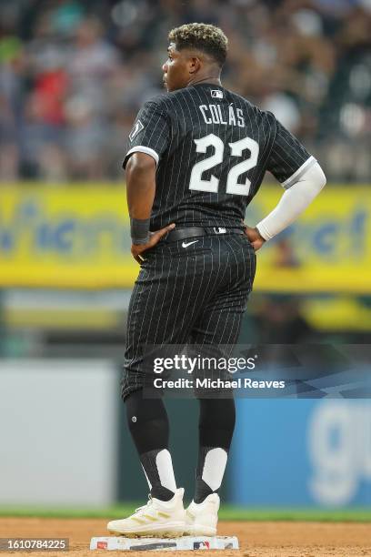 Oscar Colas of the Chicago White Sox in action against the Cleveland Guardians at Guaranteed Rate Field on July 28, 2023 in Chicago, Illinois.