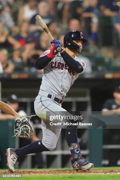 Andres Gimenez of the Cleveland Guardians at bat against the Chicago White Sox at Guaranteed Rate Field on July 28, 2023 in Chicago, Illinois.