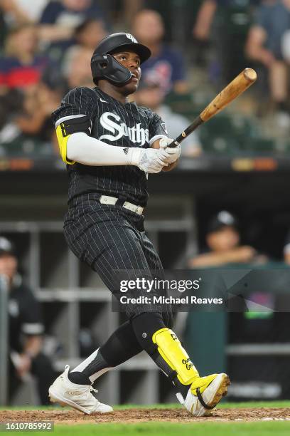 Oscar Colas of the Chicago White Sox at bat against the Cleveland Guardians at Guaranteed Rate Field on July 28, 2023 in Chicago, Illinois.