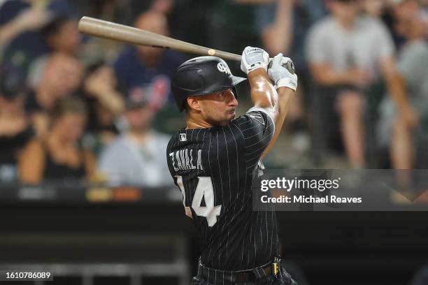 Seby Zavala of the Chicago White Sox at bat against the Cleveland Guardians at Guaranteed Rate Field on July 28, 2023 in Chicago, Illinois.