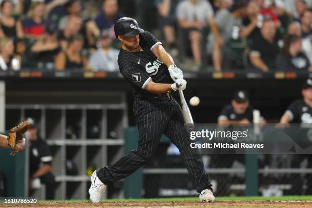 Seby Zavala of the Chicago White Sox at bat against the Cleveland Guardians at Guaranteed Rate Field on July 28, 2023 in Chicago, Illinois.