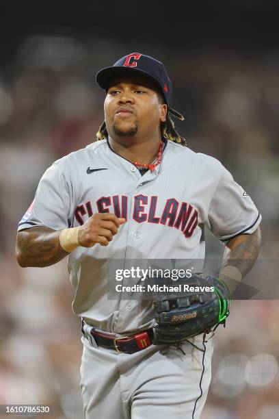 Jose Ramirez of the Cleveland Guardians looks on against the Chicago White Sox at Guaranteed Rate Field on July 28, 2023 in Chicago, Illinois.