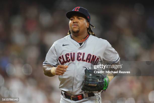 Jose Ramirez of the Cleveland Guardians looks on against the Chicago White Sox at Guaranteed Rate Field on July 28, 2023 in Chicago, Illinois.