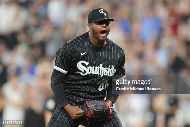 Gregory Santos of the Chicago White Sox celebrates the final out after defeating the Cleveland Guardians during the ninth inning at Guaranteed Rate...