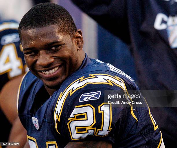 San Diego Chargers running back LaDainian Tomlinson on the bench after scoring his record breaking touchdown against the Denver Broncos late in the...