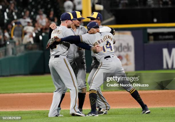 Brice Turang, Willy Adames, Carlos Santana, and Andruw Monasterio of the Milwaukee Brewers celebrate their win over the Chicago White Sox at...