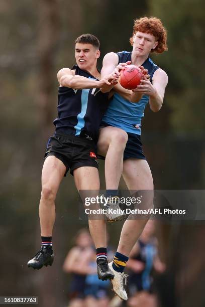 Cooper Bell of NSW/ACT and Daniel Snell of Vic Metro compete for the ball during the AFL U17 Futures Boys match between Vic Metro and NSW/ACT at...