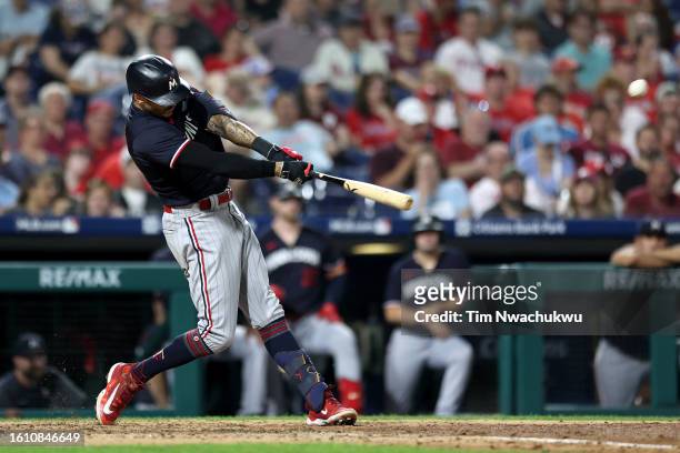 Carlos Correa of the Minnesota Twins hits a solo home run during the seventh inning against the Philadelphia Phillies at Citizens Bank Park on August...