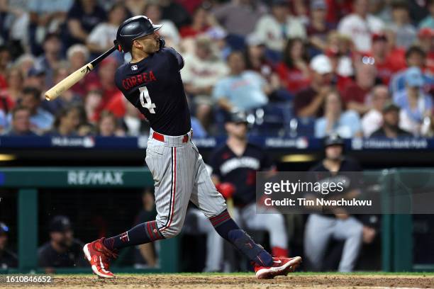 Carlos Correa of the Minnesota Twins hits a solo home run during the seventh inning against the Philadelphia Phillies at Citizens Bank Park on August...