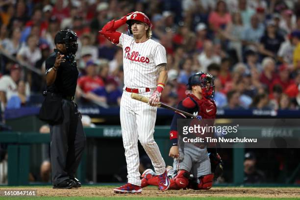 Bryson Stott of the Philadelphia Phillies reacts after batting during the sixth inning against the Minnesota Twins at Citizens Bank Park on August...