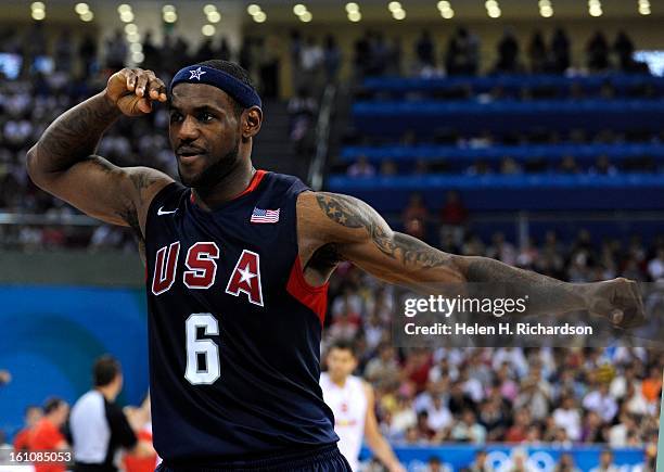 Lebron James salutes his teammates before the game. The U.S. Men's basketball team won the gold medal at the Beijing 2008 Olympic Games with a...