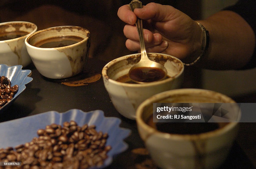 COFFEE28 Coffee is lined up for taste-testing at Kaladi Brothers Coffee in Denver. The coffeehouse's owner Mark Overly teaches The Denver Post's Food writers the fine details of coffee and how to do a proper tasting. RJ Sangosti / The Denver Post