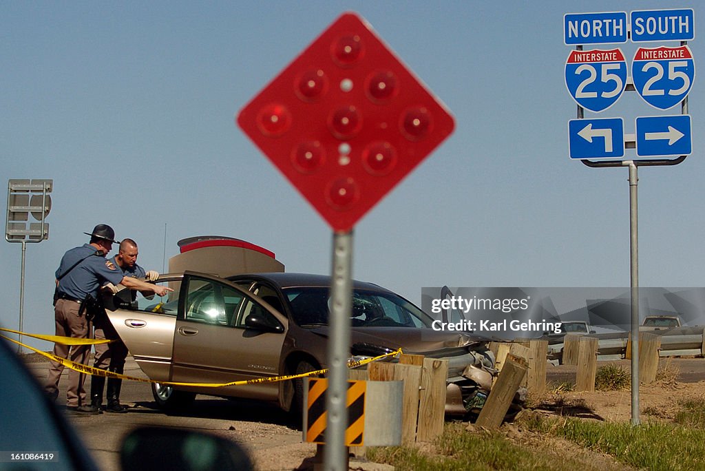 WELLINGTON, CO (04-22-2006) -- State Patrol officers examined a Dodge Intrepid Saturday afternoon after it's driver and passengers crashed into a guardrail and fled into Wellington, Colorado. The car was stolen. The vehicle was initially noticed by the St