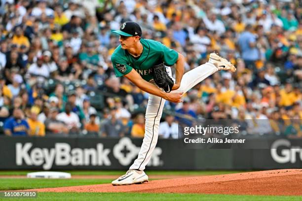 George Kirby of the Seattle Mariners pitches during the first inning against the Baltimore Orioles at T-Mobile Park on August 12, 2023 in Seattle,...