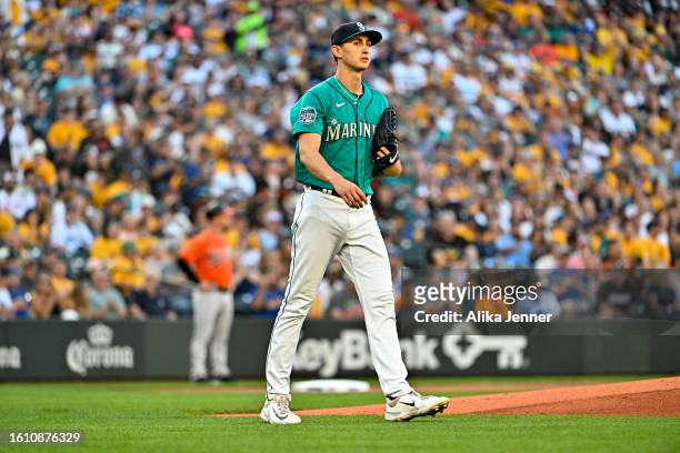 George Kirby of the Seattle Mariners looks on during the first inning against the Baltimore Orioles at T-Mobile Park on August 12, 2023 in Seattle,...