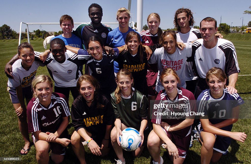 Westminster, CO, June 5, 2006 - All Colorado girl's soccer team with Colorado Rapids players. (top row, from left) coach Jim Davidson, Broomfield; Bouna Coundoul, Rapids goalie; Kristin Arnold, Cherry Creek; Karly Findorff, Cheyenne Mountain; Kyle Beckerm