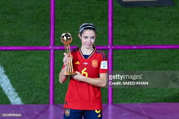 Spain's midfielder Aitana Bonmati holds the trophy on the podium for the FIFA Golden Ball Award during the Australia and New Zealand 2023 Women's...
