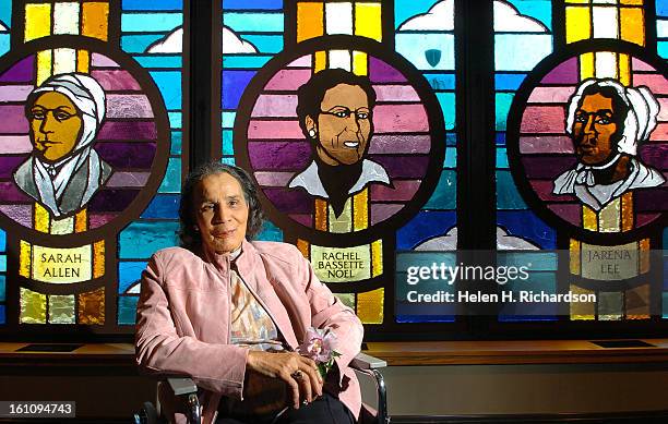 Rachel Bassette Noel <cq> 89 <cq> is pictured in front of a stained glass image of herself inside the Shorter AME Church at 3100 Richard Allen Court...