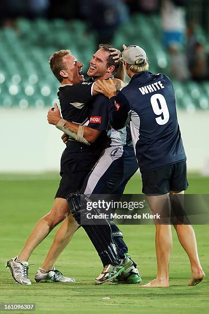 John Hastings of the Bushrangers is congratulated after the Ryobi One Cup Day match between the South Australian Redbacks and the Victorian...