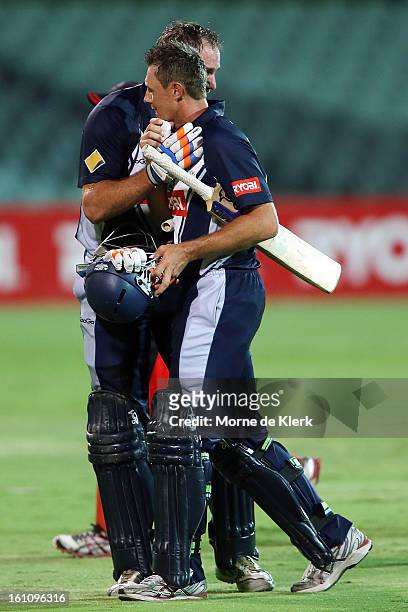 John Hastings and Darren Pattinson of the Bushrangers celebrates after the Ryobi One Cup Day match between the South Australian Redbacks and the...