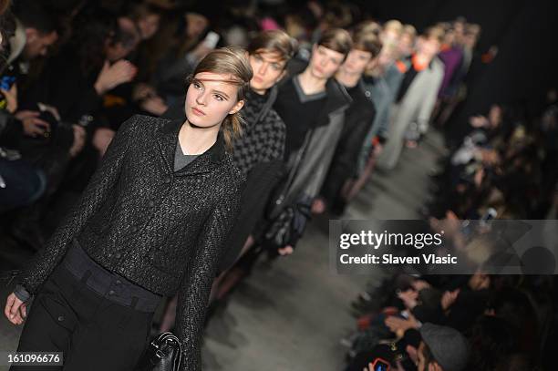 Models walk the runway at the Rag & Bone Women's fall 2013 fashion show during Mercedes-Benz Fashion Week at Skylight Studios at Moynihan Station on...