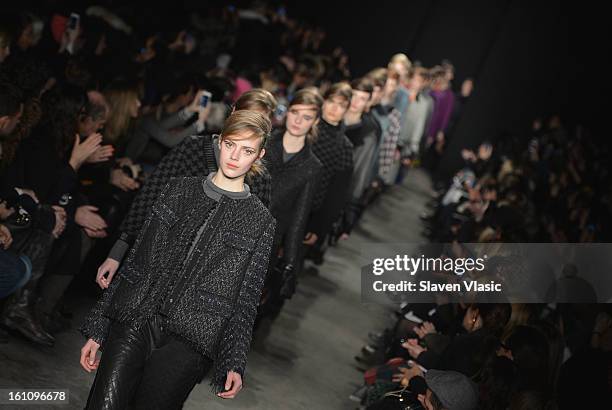 Models walk the runway at the Rag & Bone Women's fall 2013 fashion show during Mercedes-Benz Fashion Week at Skylight Studios at Moynihan Station on...