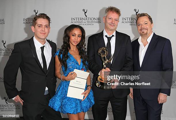 Producer Elliot Jenkins, actress/presenter Vanessa Morgan, director John Hay, and principal cast member Eddie Izzard with the Kids; TV...