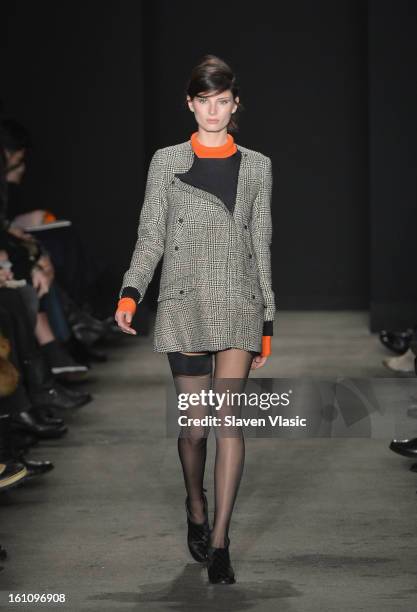 Model walks the runway at the Rag & Bone Women's fall 2013 fashion show during Mercedes-Benz Fashion Week at Skylight Studios at Moynihan Station on...