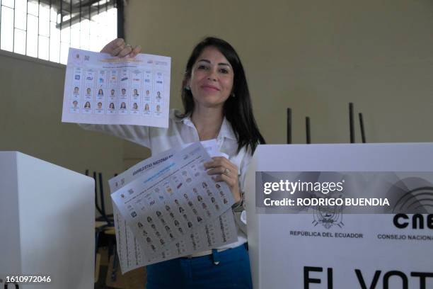 Ecuador's presidential candidate for the Revolucion Ciudadana party, Luisa Gonzalez, votes at a polling station in Canuto, Manabi Province, during...