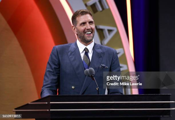 Inductee Dirk Nowitzki speaks during the 2023 Naismith Basketball Hall of Fame Induction at Symphony Hall on August 12, 2023 in Springfield,...