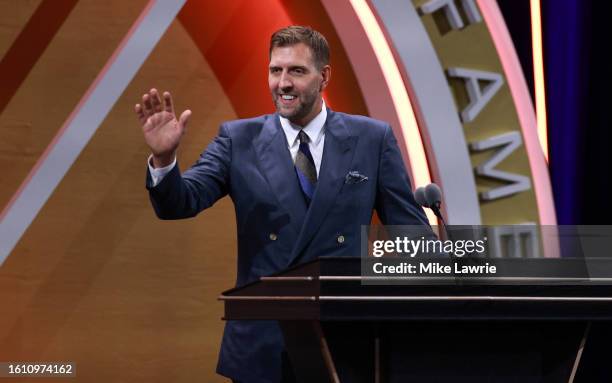 Inductee Dirk Nowitzki speaks during the 2023 Naismith Basketball Hall of Fame Induction at Symphony Hall on August 12, 2023 in Springfield,...