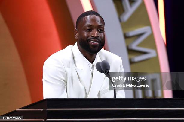 Inductee Dwyane Wade speaks during the 2023 Naismith Basketball Hall of Fame Induction at Symphony Hall on August 12, 2023 in Springfield,...