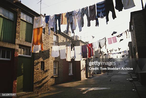 Street of washing in Dublin, Ireland, 1988.