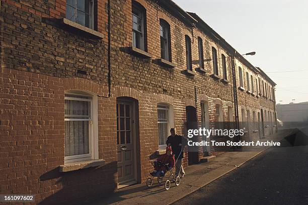 Street of terraced houses in Dublin, Ireland, 1988.