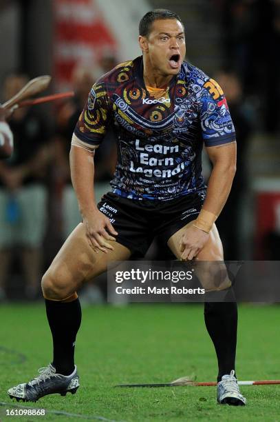 Timana Tahu of the Indigenous All Stars performs the Indigenous War Cry the NRL All Stars Game between the Indigenous All Stars and the NRL All Stars...